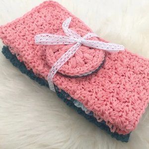 NWOT Handmade 100% Cotton Crochet Washcloth Makeup Remover Set Reusable